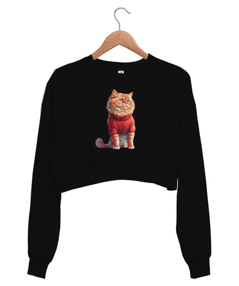 Tisho - Kazaklı Kedi - Cat Siyah Kadın Crop Sweatshirt