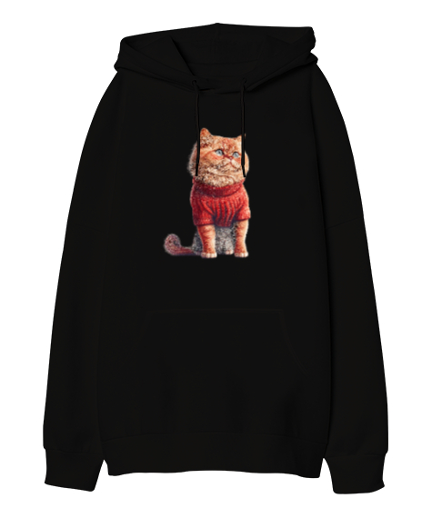 Tisho - Kazaklı Kedi - Cat Siyah Oversize Unisex Kapüşonlu Sweatshirt