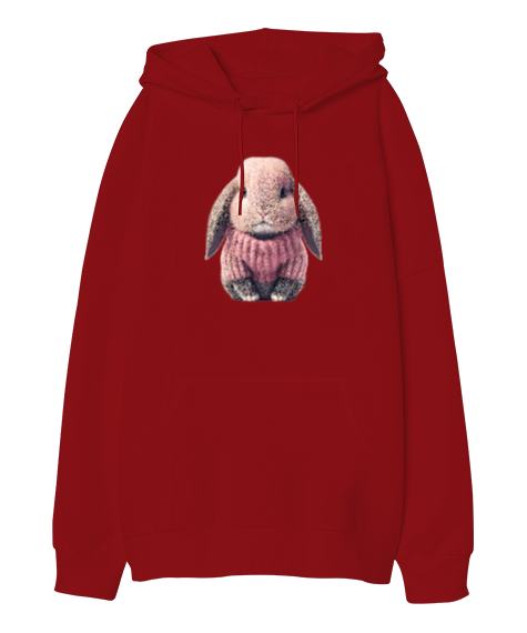 Tisho - Kazaklı Sevimli Tavşan - Rabbit Kırmızı Oversize Unisex Kapüşonlu Sweatshirt