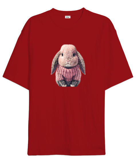 Tisho - Kazaklı Sevimli Tavşan - Rabbit Kırmızı Oversize Unisex Tişört