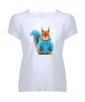Kazaklı Sevimli Tavşan - Rabbit V2 Beyaz Kadın V Yaka Tişört - Tisho