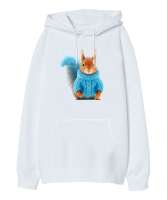 Kazaklı Sevimli Tavşan - Rabbit V2 Beyaz Oversize Unisex Kapüşonlu Sweatshirt - Tisho