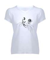 Kedi Bakışı Çizim - Cat Beyaz Kadın V Yaka Tişört - Tisho