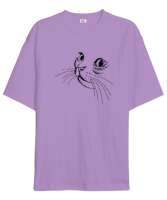 Kedi Bakışı Çizim - Cat Lila Oversize Unisex Tişört - Tisho