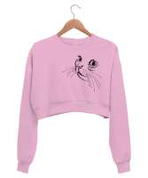 Kedi Bakışı Çizim - Cat Pembe Kadın Crop Sweatshirt - Tisho