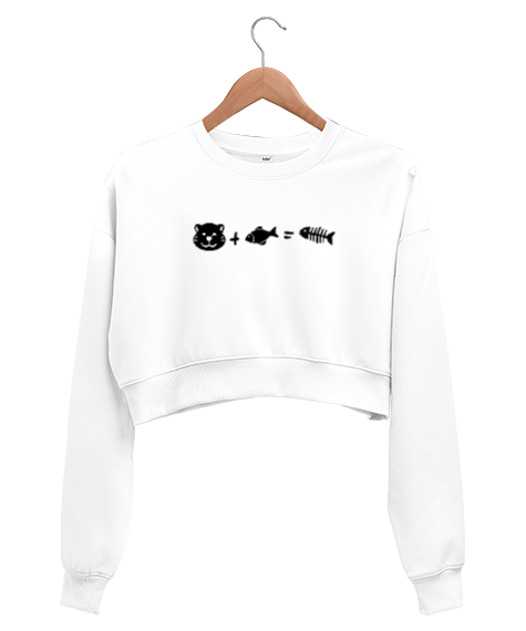 Tisho - Kedi, Balık ve Sonuç - Cat And Fish Beyaz Kadın Crop Sweatshirt