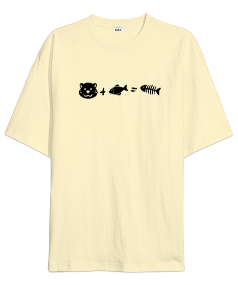 Tisho - Kedi, Balık ve Sonuç - Cat And Fish Krem Oversize Unisex Tişört