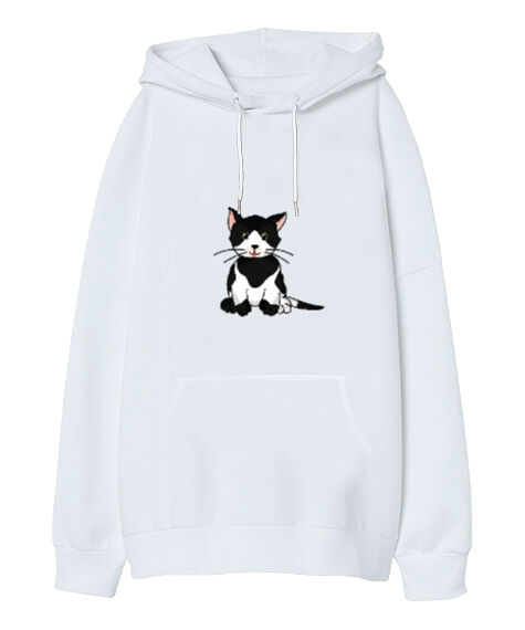 Tisho - Kedi Baskılı Beyaz Oversize Unisex Kapüşonlu Sweatshirt