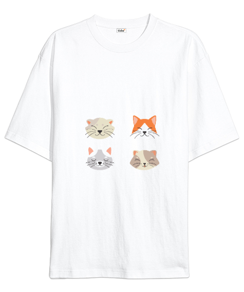 Tisho - Kedi baskılı Beyaz Oversize Unisex Tişört