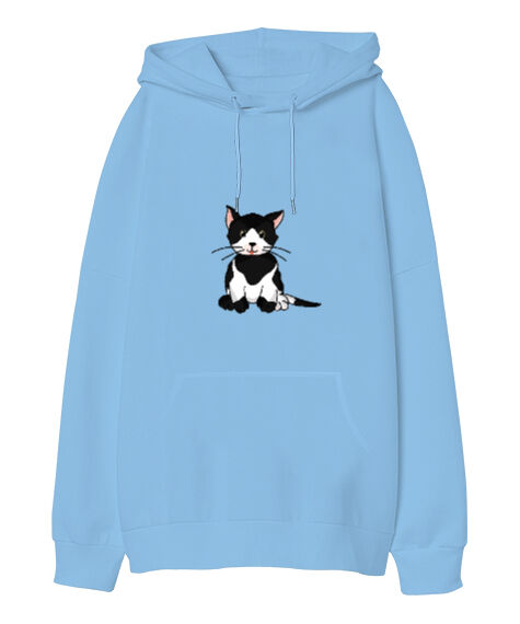 Tisho - Kedi Baskılı Buz Mavisi Oversize Unisex Kapüşonlu Sweatshirt