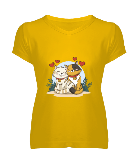 Tisho - Kedi baskılı sarı v yaka tişört Kadın V Yaka Tişört