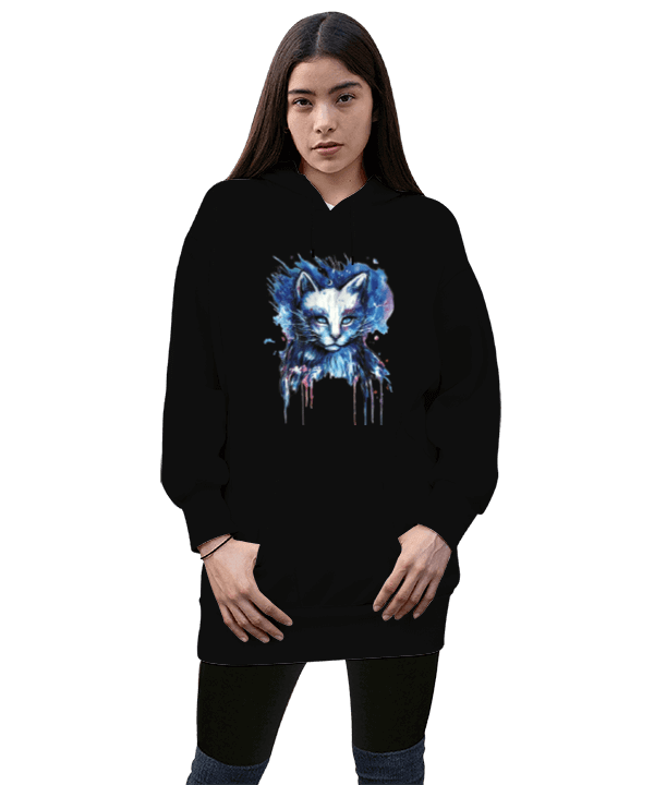 Tisho - Kedi baskılı uzun swtshirt Kadın Uzun Hoodie Kapüşonlu Sweatshirt