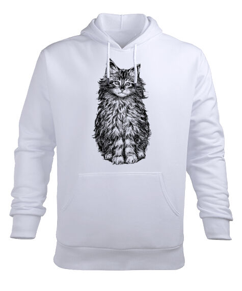 Tisho - Kedi Beyaz Erkek Kapüşonlu Hoodie Sweatshirt