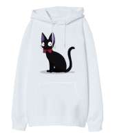 Kedi Beyaz Oversize Unisex Kapüşonlu Sweatshirt - Tisho