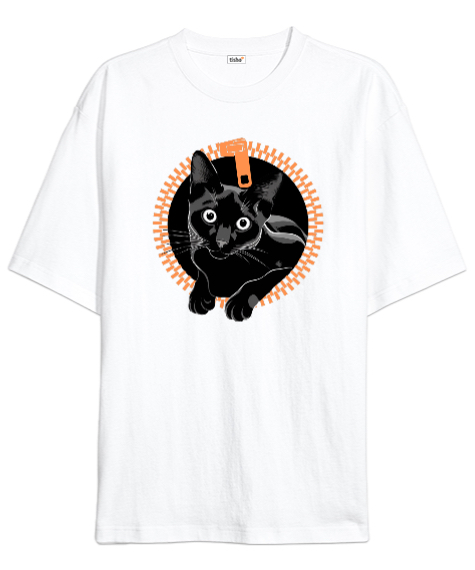Kedi Beyaz Oversize Unisex Tişört - Tisho