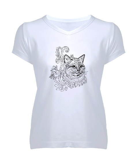 Tisho - Kedi - Cat Beyaz Kadın V Yaka Tişört