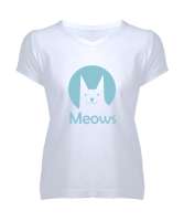 Kedi - Cat - Meows - Miyav Beyaz Kadın V Yaka Tişört - Tisho