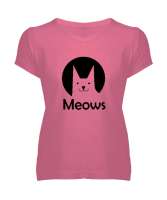 Kedi - Cat - Meows - Miyav Pembe Kadın V Yaka Tişört - Tisho