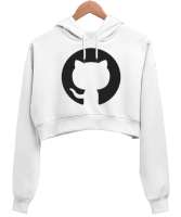 Kedi Desenli Beyaz Kadın Crop Hoodie Kapüşonlu Sweatshirt - Tisho