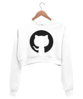 Kedi Desenli Beyaz Kadın Crop Sweatshirt - Tisho