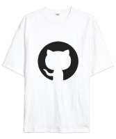 Kedi Desenli Beyaz Oversize Unisex Tişört - Tisho