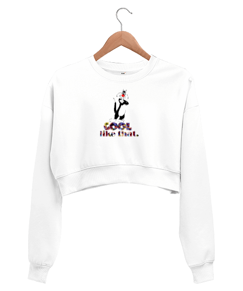 Tisho - Kedi Desenli - Kadın Crop Sweetshirt Kadın Crop Sweatshirt