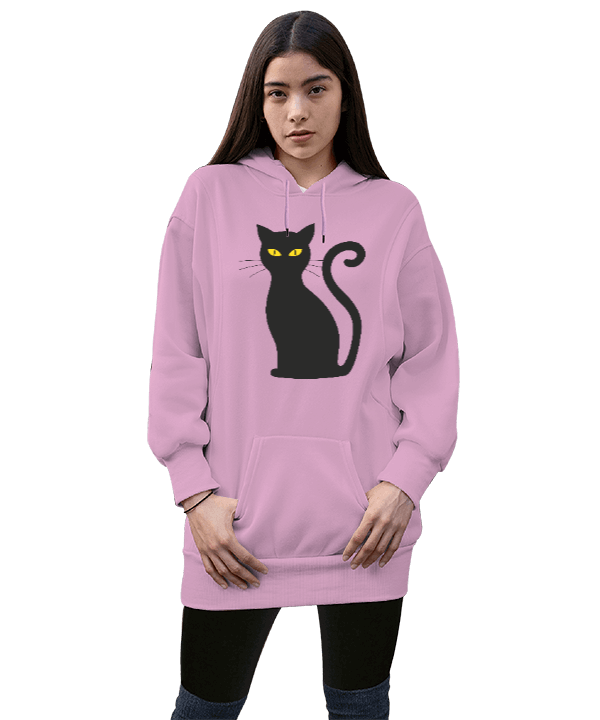 Kedi Desenli Kadın Uzun Hoodie Kapüşonlu Sweatshirt