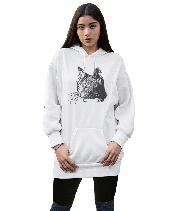 Tisho - Kedi Desenli Kadın Uzun Hoodie Kapüşonlu Sweatshirt