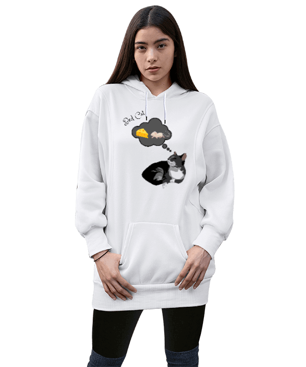 Tisho - kedi, fare ve peynir figürlü, özel tasarım, Kadın Uzun Hoodie Kapüşonlu Sweatshirt