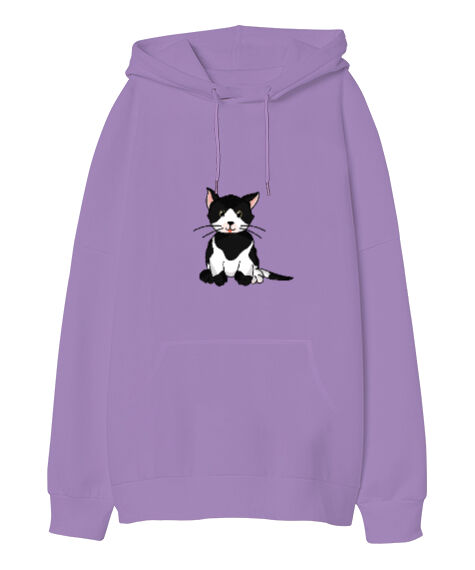 Tisho - kedi figür Lila Oversize Unisex Kapüşonlu Sweatshirt