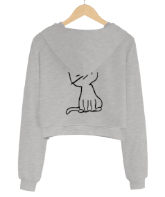 Kedi Kadın Crop Hoodie Kapüşonlu Sweatshirt - Thumbnail