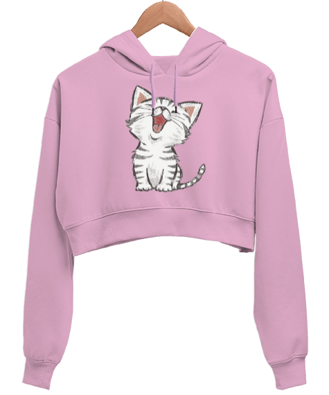 Tisho - kedi Kadın Crop Hoodie Kapüşonlu Sweatshirt