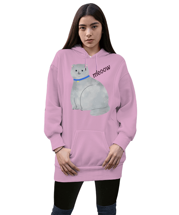 Tisho - KEDİ Kadın Uzun Hoodie Kapüşonlu Sweatshirt