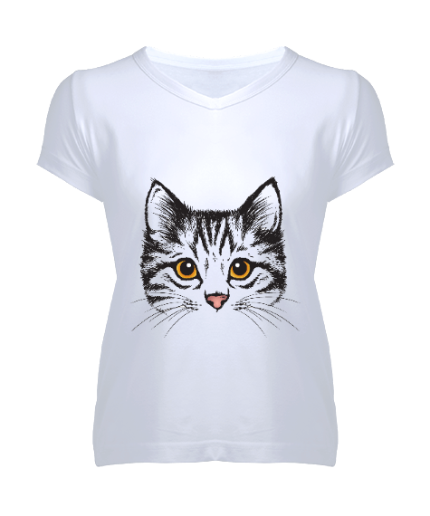 Kedi Kadın V Yaka Tişört