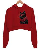Kedi Kırmızı Kadın Crop Hoodie Kapüşonlu Sweatshirt - Tisho