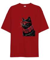 Kedi Kırmızı Oversize Unisex Tişört - Tisho