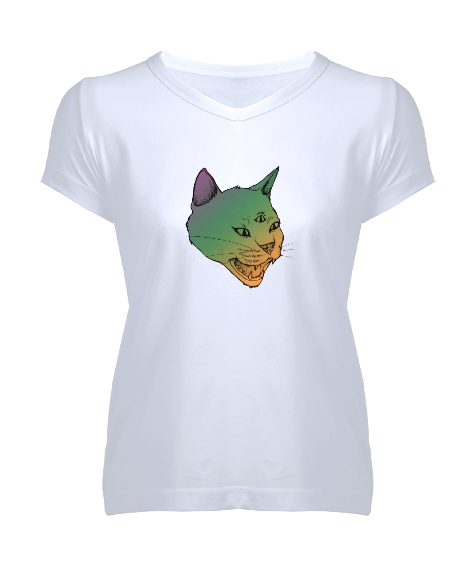 Tisho - Kedi Meditasyon Cat Şaman Beyaz Kadın V Yaka Tişört