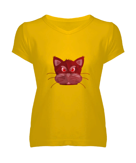 Tisho - Kedi Sarı Kadın V Yaka Tişört