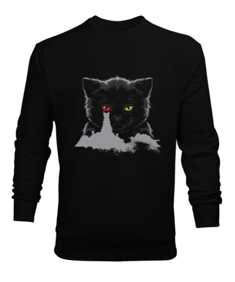 Tisho - Kedi Sauronun Gözü Tasarım Baskılı Siyah Erkek Sweatshirt