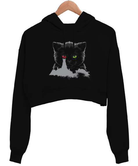 Tisho - Kedi Sauronun Gözü Tasarım Baskılı Siyah Kadın Crop Hoodie Kapüşonlu Sweatshirt