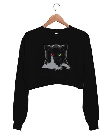 Tisho - Kedi Sauronun Gözü Tasarım Baskılı Siyah Kadın Crop Sweatshirt
