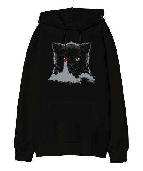 Tisho - Kedi Sauronun Gözü Tasarım Baskılı Siyah Oversize Unisex Kapüşonlu Sweatshirt
