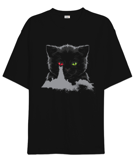 Tisho - Kedi Sauronun Gözü Tasarım Baskılı Siyah Oversize Unisex Tişört
