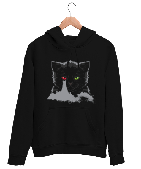 Tisho - Kedi Sauronun Gözü Tasarım Baskılı Siyah Unisex Kapşonlu Sweatshirt