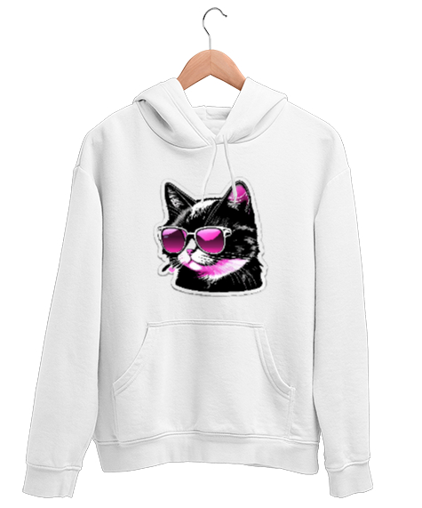 Tisho - Kedi Sever Beyaz Unisex Kapşonlu Sweatshirt