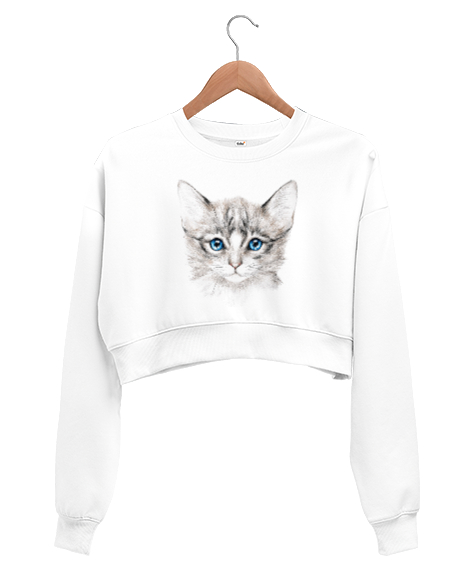 Tisho - Kedi Silüet - Cat Beyaz Kadın Crop Sweatshirt