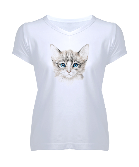 Tisho - Kedi Silüet - Cat Beyaz Kadın V Yaka Tişört