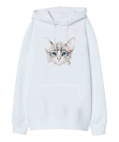 Tisho - Kedi Silüet - Cat Beyaz Oversize Unisex Kapüşonlu Sweatshirt