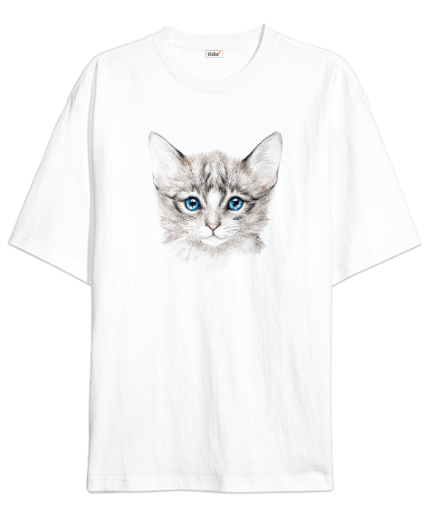 Tisho - Kedi Silüet - Cat Beyaz Oversize Unisex Tişört