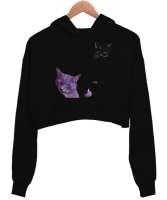 Kedi Siyah Kadın Crop Hoodie Kapüşonlu Sweatshirt - Tisho